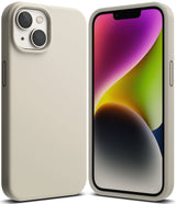 iPhone 14 Plus Case | Silicone - Beige silicone case shown from back and front with a colorful abstract screen display.