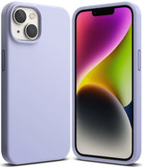 iPhone 14 Case | Silicone - Lavender silicone case shown from the back and front with a colorful abstract screen display.