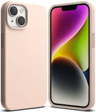 iPhone 14 Case | Silicone - Soft pink silicone iPhone 14 case shown from the back and front with a colorful abstract screen.