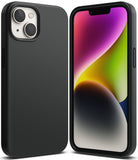 iPhone 14 Case | Silicone - Matte black silicone case shown from the back and front with a colorful abstract screen.