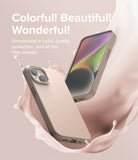 iPhone 14 Case | Silicone - Two beige silicone iPhone 14 cases floating amidst a splash of matching liquid on a soft pink background.