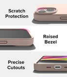 iPhone 14 Case | Silicone - Three panels showing pink silicone case features: camera protection, raised screen bezel, and port cutouts.