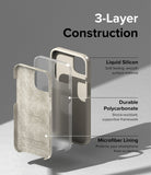 iPhone 14 Case | Silicone - Exploded view showing liquid silicone, polycarbonate, and microfiber lining layers of a phone case.