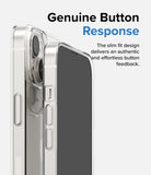 iPhone 14 Case | Slim - Clear phone case on an iPhone 14 highlighting precise button cutouts and slim design.
