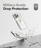 iPhone 15 Pro Max Case | Air - Clear phone case bouncing off a cracked concrete surface with military-grade protection badge.