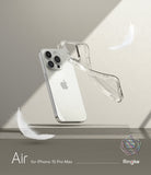 iPhone 15 Pro Max Case | Air - A clear, glittery phone case floating next to a silver iPhone 15 Pro Max with white feathers.