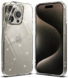 iPhone 15 Pro Max Case | Air - Clear, glitter-infused phone case shown from back and front views on a gold iPhone.