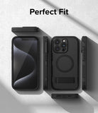 iPhone 15 Pro Max Case | Alles - Black protective phone case shown from multiple angles with a built-in kickstand.