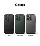 iPhone 15 Pro Max Case | Alles - Three iPhone 15 Pro Max cases in black, dark green, and gunmetal with integrated kickstands.