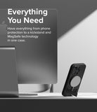 iPhone 15 Pro Max Case | Alles - Black phone case with MagSafe and kickstand standing on a desk next to a computer monitor.