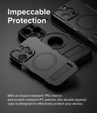 iPhone 15 Pro Max Case | Alles - Two black protective phone cases with MagSafe rings and kickstands on a dark background.