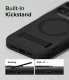 iPhone 15 Pro Max Case | Alles - Black phone case with a built-in kickstand, showing extended and retracted positions.