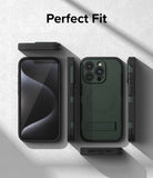 iPhone 15 Pro Max Case | Alles - Dark green protective phone case with kickstand shown from multiple angles.