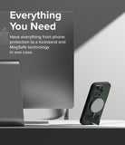 iPhone 15 Pro Max Case | Alles - Dark green phone case with MagSafe and kickstand propped up on a desk next to a monitor.