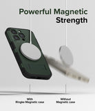 iPhone 15 Pro Max Case | Alles - A green phone case held by a magnetic charger versus a phone falling without one.