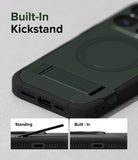 iPhone 15 Pro Max Case | Alles - Dark green phone case with a built-in kickstand shown in both open and closed positions.