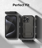 iPhone 15 Pro Max Case | Alles - Black protective phone case shown from front, back, and sides with a built-in kickstand.