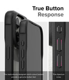 iPhone 15 Pro Max Case | Fusion Bold - Close-up of black phone case buttons with textured sides and precise cutouts.