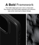 iPhone 15 Pro Max Case | Fusion Bold - Close-up of a matte black phone case edge next to a textured, sand-like surface.