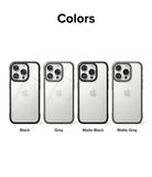 iPhone 15 Pro Max Case | Fusion Bold - Four iPhone cases in Black, Gray, Matte Black, and Matte Gray arranged in a row.