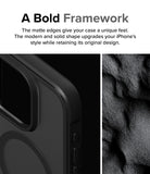 iPhone 15 Pro Max Case | Fusion Bold Magnetic - Close-up of a black phone case with matte edges next to a sand texture.