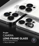 iPhone 15 Pro Max | Camera Lens Frame Glass - Three silver iPhone 15 Pro Max phones with black camera lens protectors.