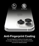 iPhone 15 Pro Max | Camera Lens Frame Glass - iPhone 15 Pro Max | Camera lens glass protector with anti-fingerprint coating icons on a silver smartphone.