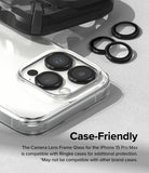 iPhone 15 Pro Max | Camera Lens Frame Glass - iPhone 15 Pro Max | Camera lens frame glass protectors installed on a phone with a clear case and extra black rings nearby.