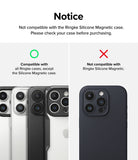 iPhone 15 Pro Max | Camera Lens Frame Glass - iPhone 15 Pro Max | Compatibility chart showing camera lens frame glass works with standard cases but not silicone magnetic.