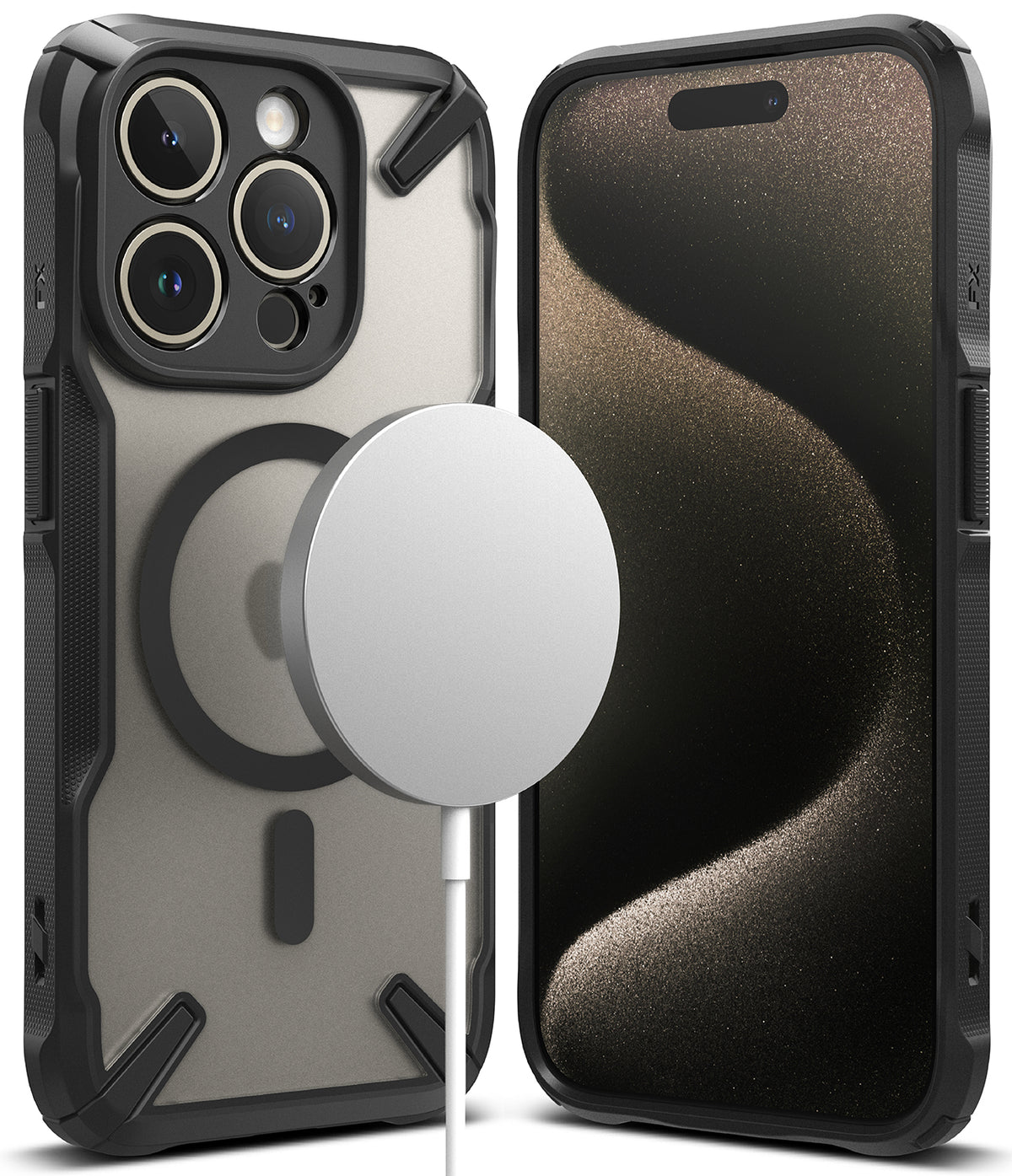 iPhone 15 Pro Max Case | Fusion-X Magnetic Matte Black - Matte black protective case with MagSafe charger attached.
