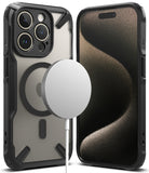 iPhone 15 Pro Max Case | Fusion-X Magnetic Matte Black - Matte black protective case with MagSafe charger attached.