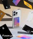 iPhone 15 Pro Max Case | Fusion Card - Clear phone case holding a gradient card, surrounded by floating credit cards.