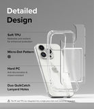 iPhone 15 Pro Max Case | Fusion Card - Exploded view of a clear phone case highlighting TPU, PC, and lanyard features.