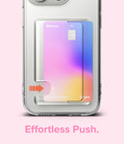 iPhone 15 Pro Max Case | Fusion Card - Clear phone case with a gradient card slot and a red arrow indicating a push motion.