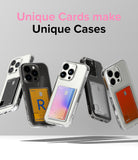iPhone 15 Pro Max Case | Fusion Card - Five clear iPhone cases with colorful, unique credit cards inserted in back slots.