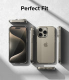 iPhone 15 Pro Max Case | Fusion - Multiple views of an iPhone 15 Pro Max in a clear protective case on a gray surface.