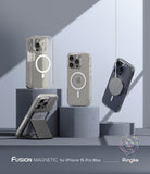 [Combo] iPhone 15 Pro Max | Folio Wallet Magnetic + Fusion Magnetic - Clear magnetic cases and wallet stand on pedestals.