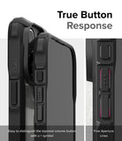 iPhone 15 Pro Max Case | Fusion-X - Close-up of black phone case buttons with tactile ridges and a plus symbol for volume.