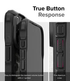 iPhone 15 Pro Max Case | Fusion-X - Close-up of phone case buttons with tactile symbols and fine aperture lines.