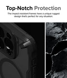 iPhone 15 Pro Max Case | Fusion-X Magnetic Matte Black - Rugged matte black phone case corner next to dark rock.