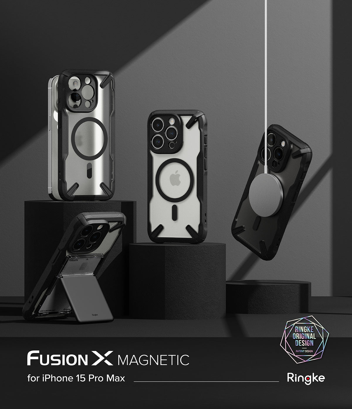 iPhone 15 Pro Max Case | Fusion-X Magnetic Matte Black - Matte black protective cases displayed on blocks with MagSafe.