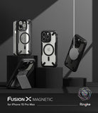 iPhone 15 Pro Max Case | Fusion-X Magnetic Matte Black - Matte black protective cases displayed on blocks with MagSafe.
