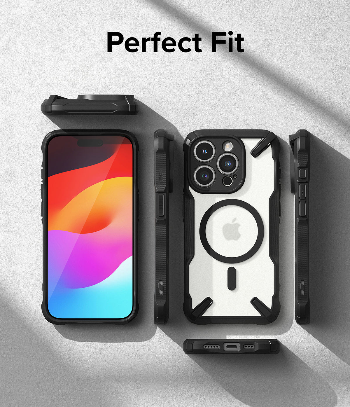 iPhone 15 Pro Max Case | Fusion-X Magnetic Matte Black - Exploded view of a matte black phone case around an iPhone.
