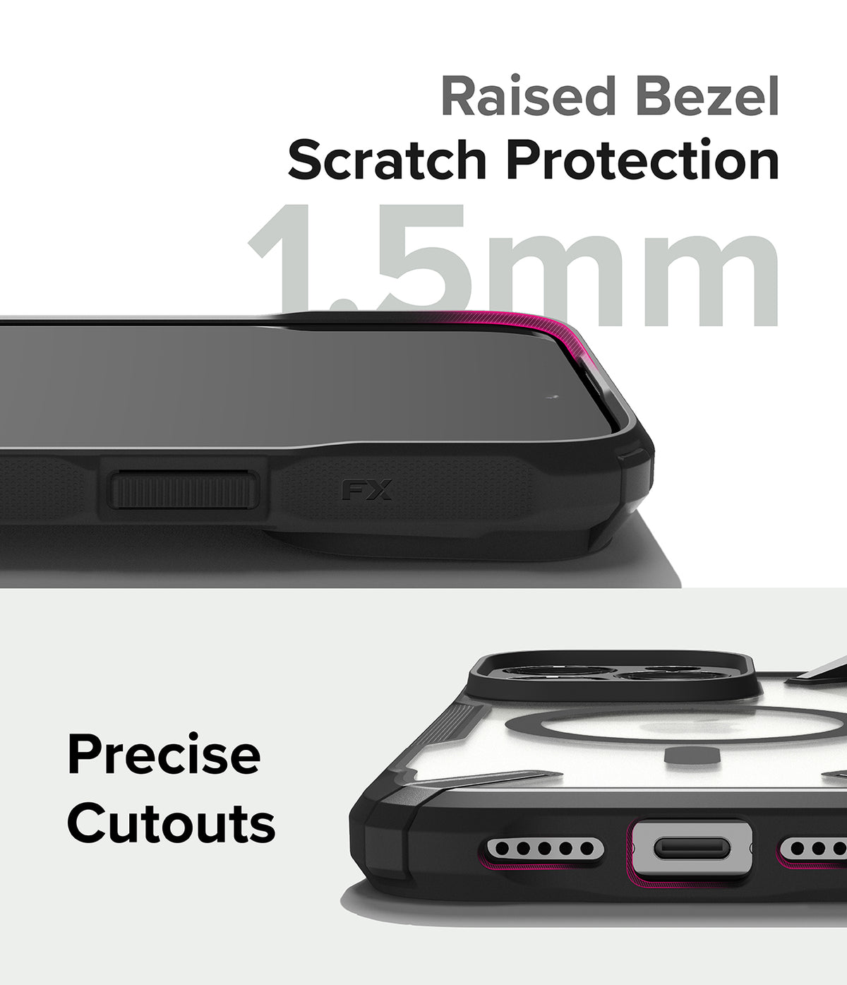 iPhone 15 Pro Max Case | Fusion-X Magnetic Matte Black - Close-up of 1.5mm raised bezel and precise charging port cutouts.