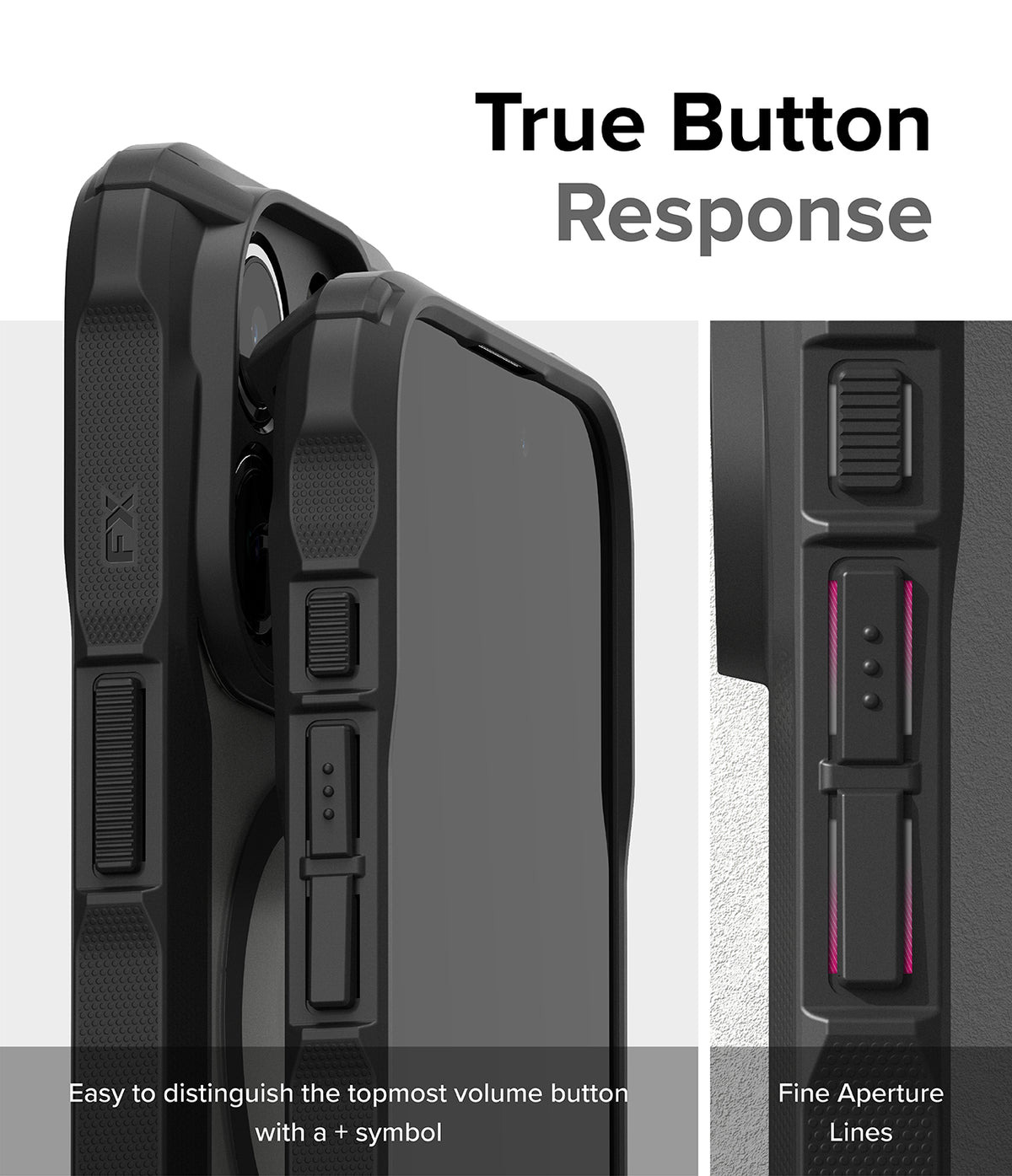 iPhone 15 Pro Max Case | Fusion-X Magnetic Matte Black - iPhone 15 Pro Max Case - Matte black phone case showing tactile, responsive volume buttons with a plus symbol indicator.