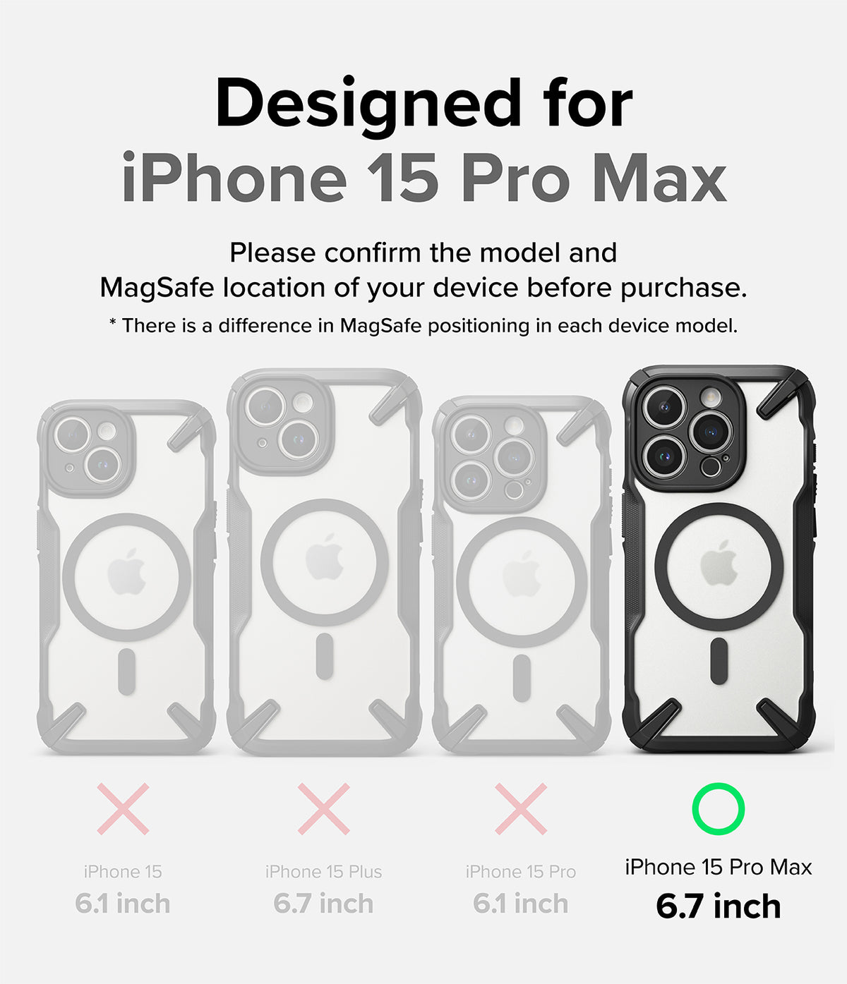 iPhone 15 Pro Max Case | Fusion-X Magnetic Matte Black - iPhone 15 Pro Max Case - Comparison chart showing the Fusion-X case fits only the iPhone 15 Pro Max, not other models.