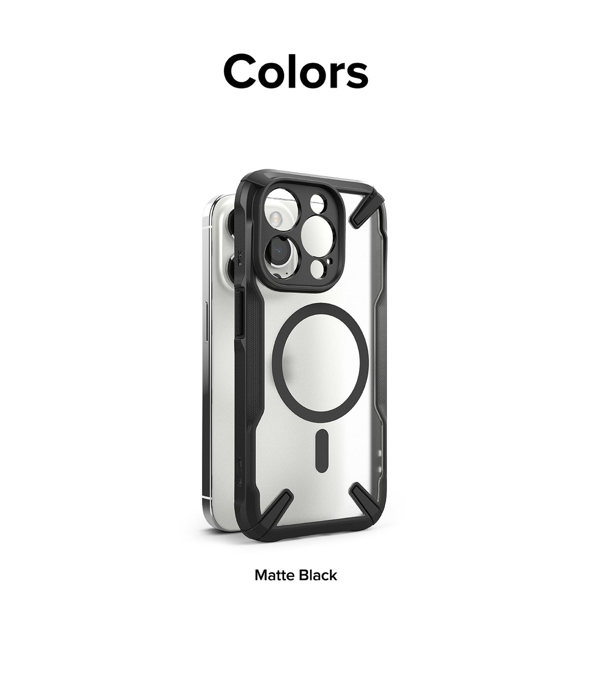 iPhone 15 Pro Max Case | Fusion-X Magnetic Matte Black - Matte black rugged case with MagSafe ring on a white phone.