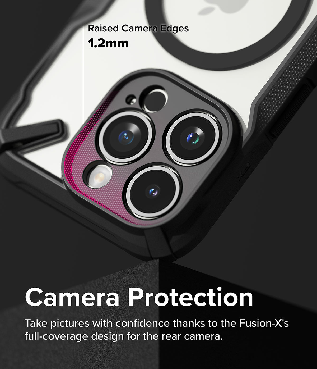 iPhone 15 Pro Max Case | Fusion-X Magnetic Matte Black - Close-up of phone case highlighting 1.2mm raised camera edges.