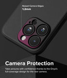 iPhone 15 Pro Max Case | Onyx - Close-up of black phone case showing 1.2mm raised camera edges with a textured purple ring.