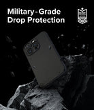 iPhone 15 Pro Max Case | Onyx - Black phone case hovering over jagged rocks with military-grade drop protection text.